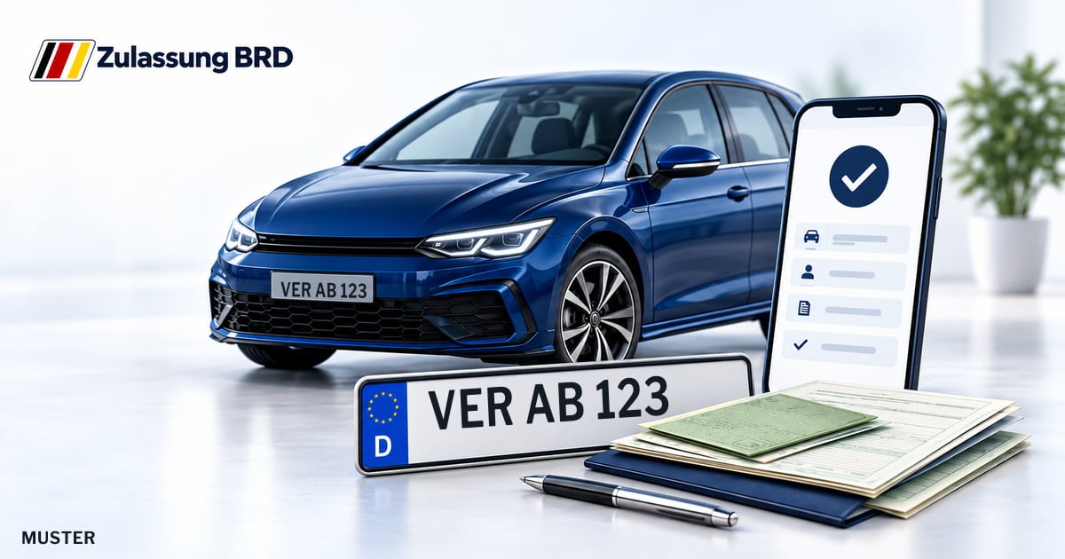 Online Fahrzeugzulassung in Oyten: Musterkennzeichen VER AB 123, Auto und Fahrzeugpapiere und Smartphone. Illustration mit Logo von Zulassung BRD.